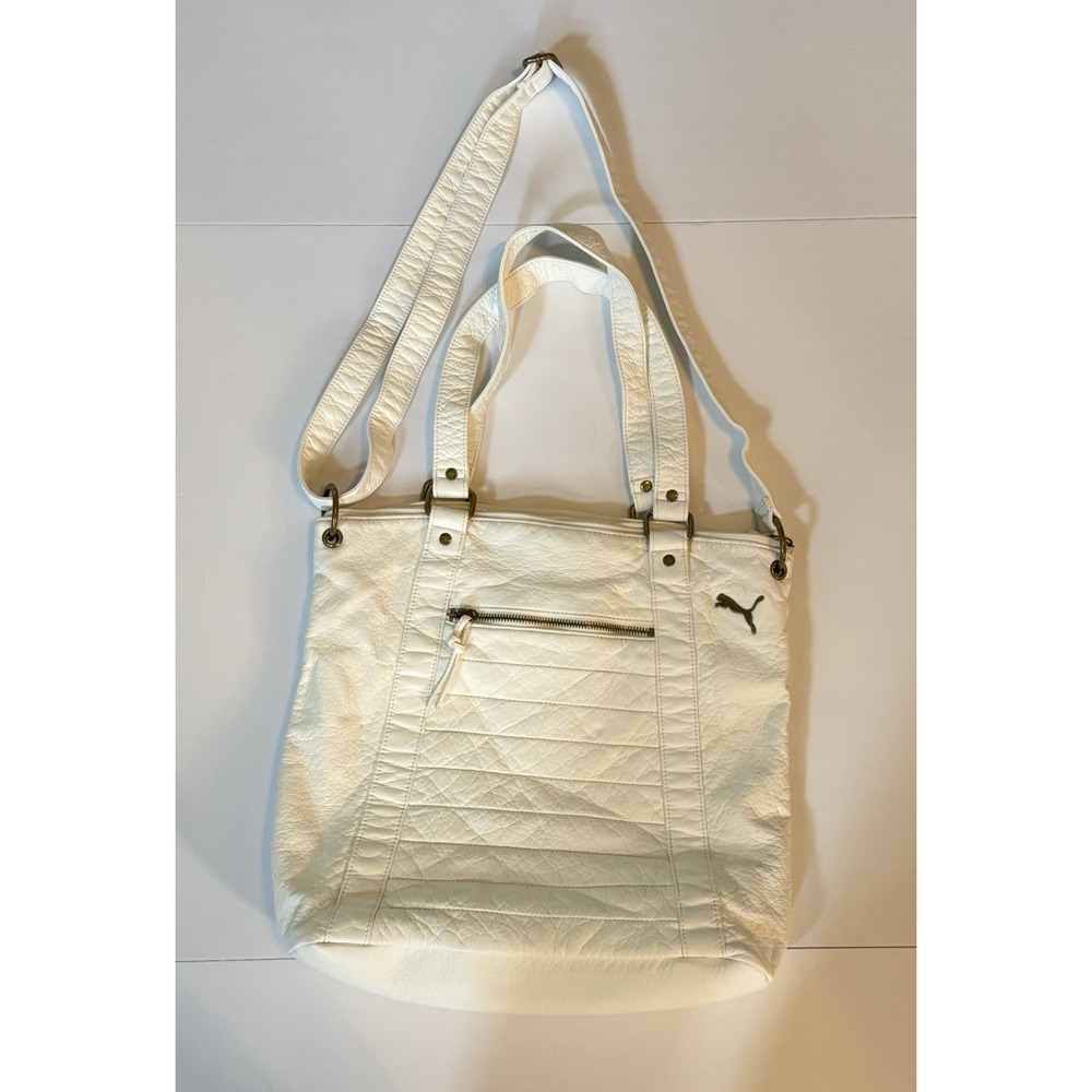 Vintage Puma Sport Lifestyle Purse White Faux Pebble Leather Bronze Hardware